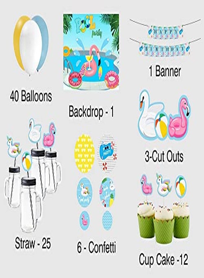 ثيم ماي بارتي مجموعة ثيم ماي بارتي الكاملة - سبلاش سبلاش - مجموعة تزيين حفلات المسبح مع خلفية وزينة (7 أقدام × 5 أقدام) - Image 2